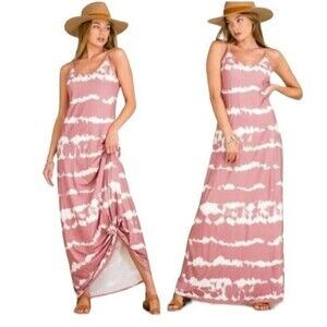 Adele B. Tye Dye Maxi Dress  Women's Size M  Tan & White Stripes  Beachy Vacay